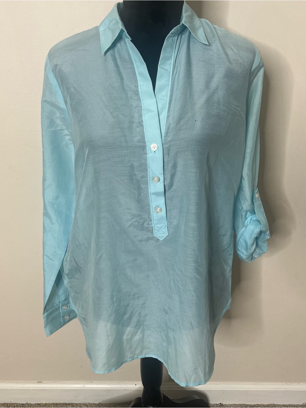 Ann Taylor Light Blue Roll Tab Sleeves Pullover Silk Tunic Top Sz M~NWT